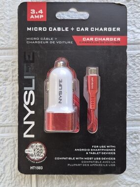 3.4A Red Micro USB Cable & Car ChargerNYSLIFE brand car charger and Micro USB ca